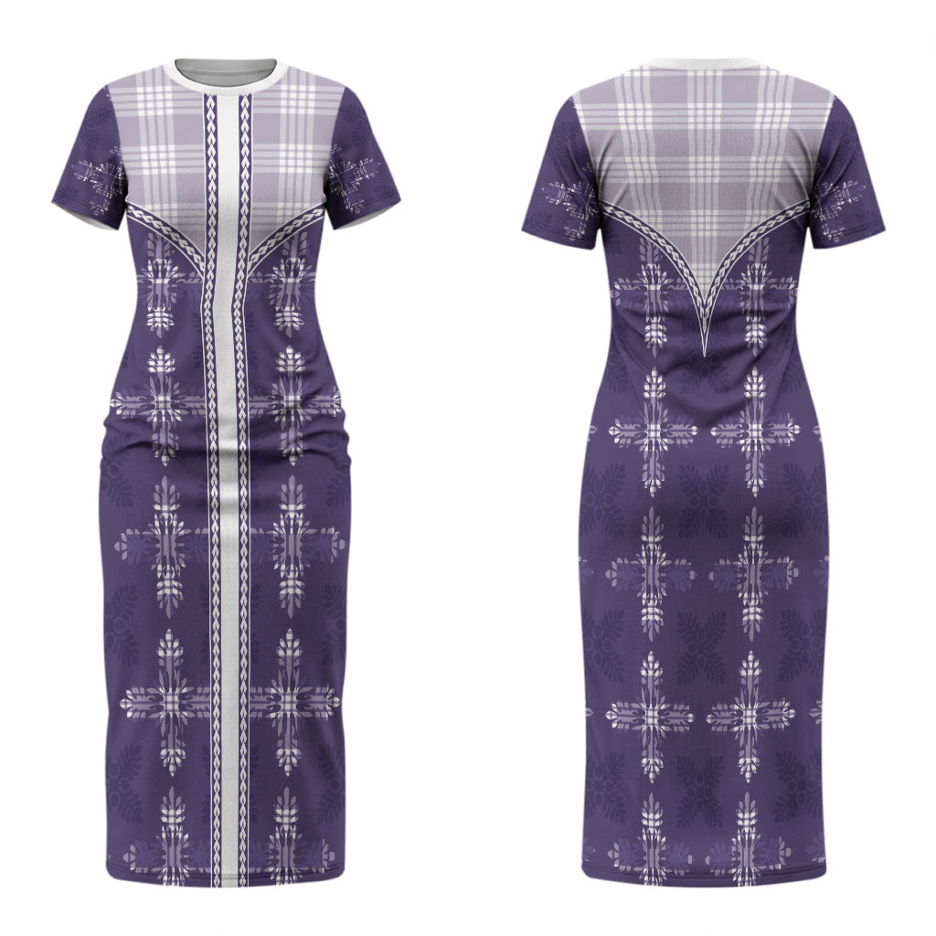 Purple Hawaii Paniolo Quilt Motif Family Matching Short Sleeve Bodycon Dress and Hawaiian Shirt
