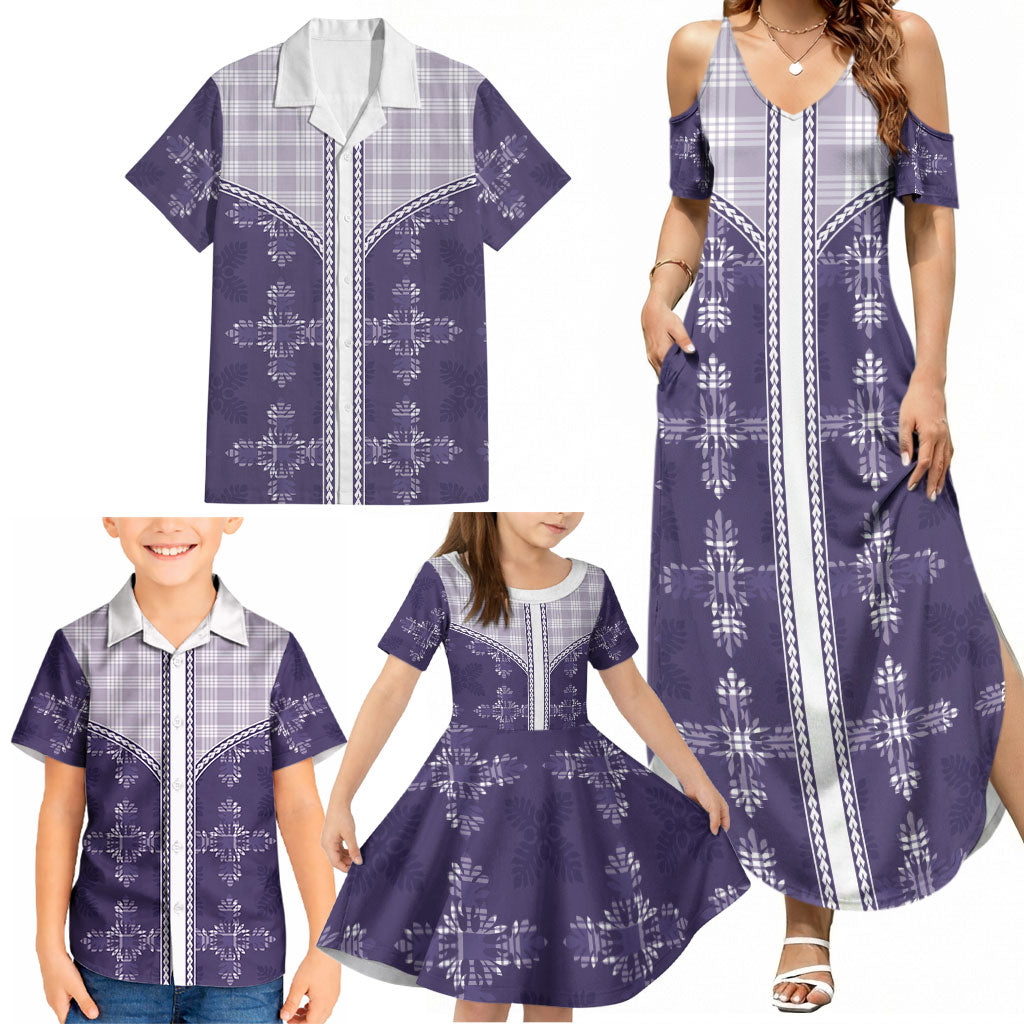 Purple Hawaii Paniolo Quilt Motif Family Matching Summer Maxi Dress and Hawaiian Shirt