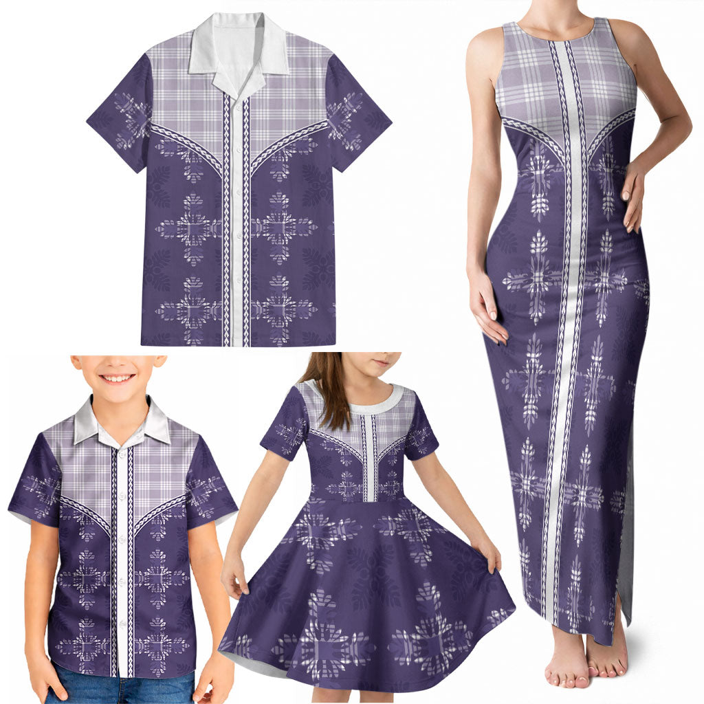 Purple Hawaii Paniolo Quilt Motif Family Matching Tank Maxi Dress and Hawaiian Shirt