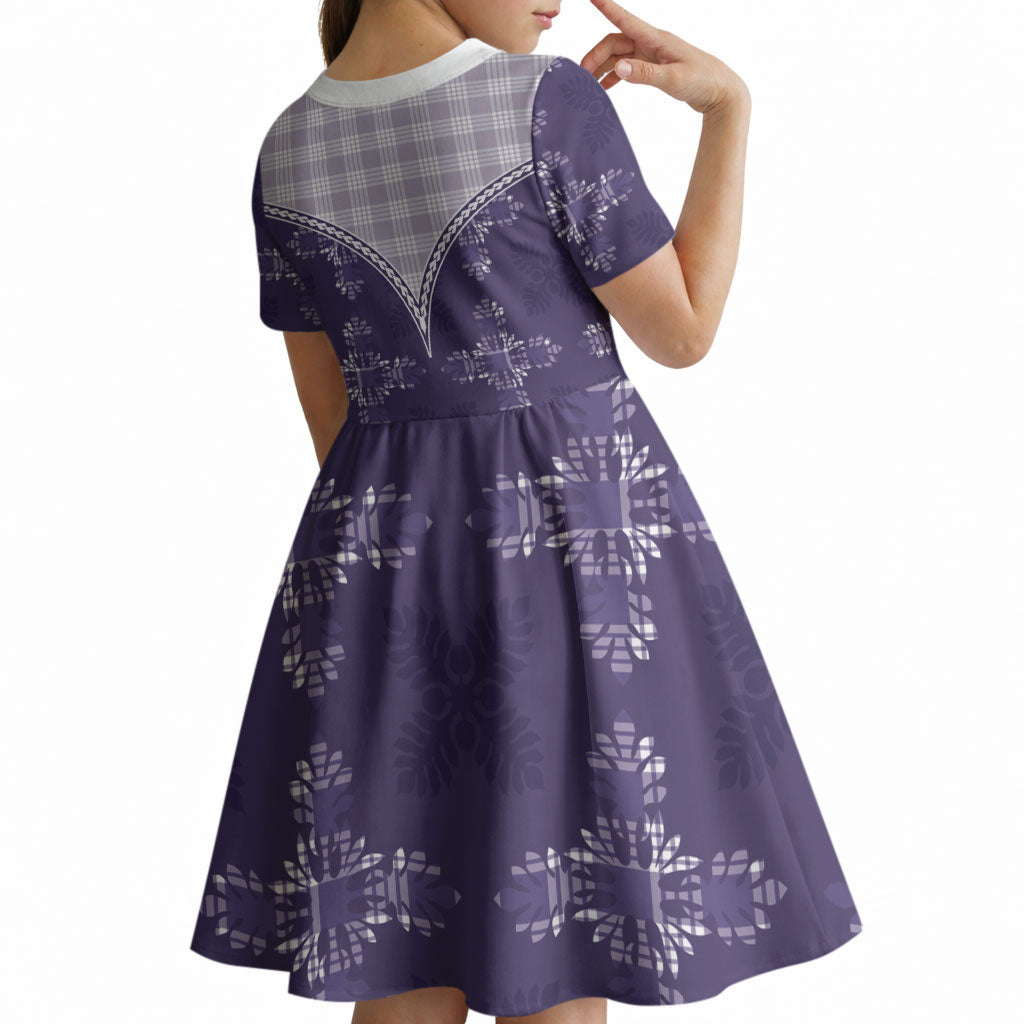 Purple Hawaii Paniolo Quilt Motif Kid Short Sleeve Dress