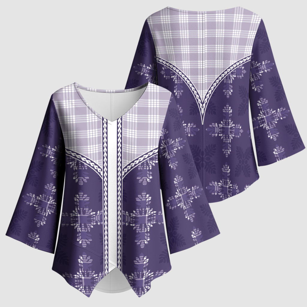 Purple Hawaii Paniolo Quilt Motif Kimono Sleeve Blouse