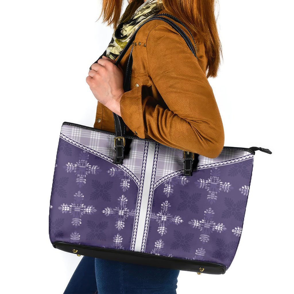 Purple Hawaii Paniolo Quilt Motif Leather Tote Bag