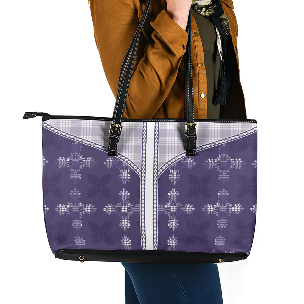 Purple Hawaii Paniolo Quilt Motif Leather Tote Bag