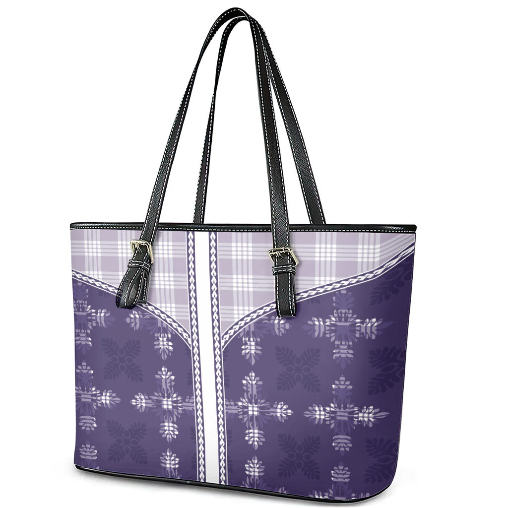 Purple Hawaii Paniolo Quilt Motif Leather Tote Bag