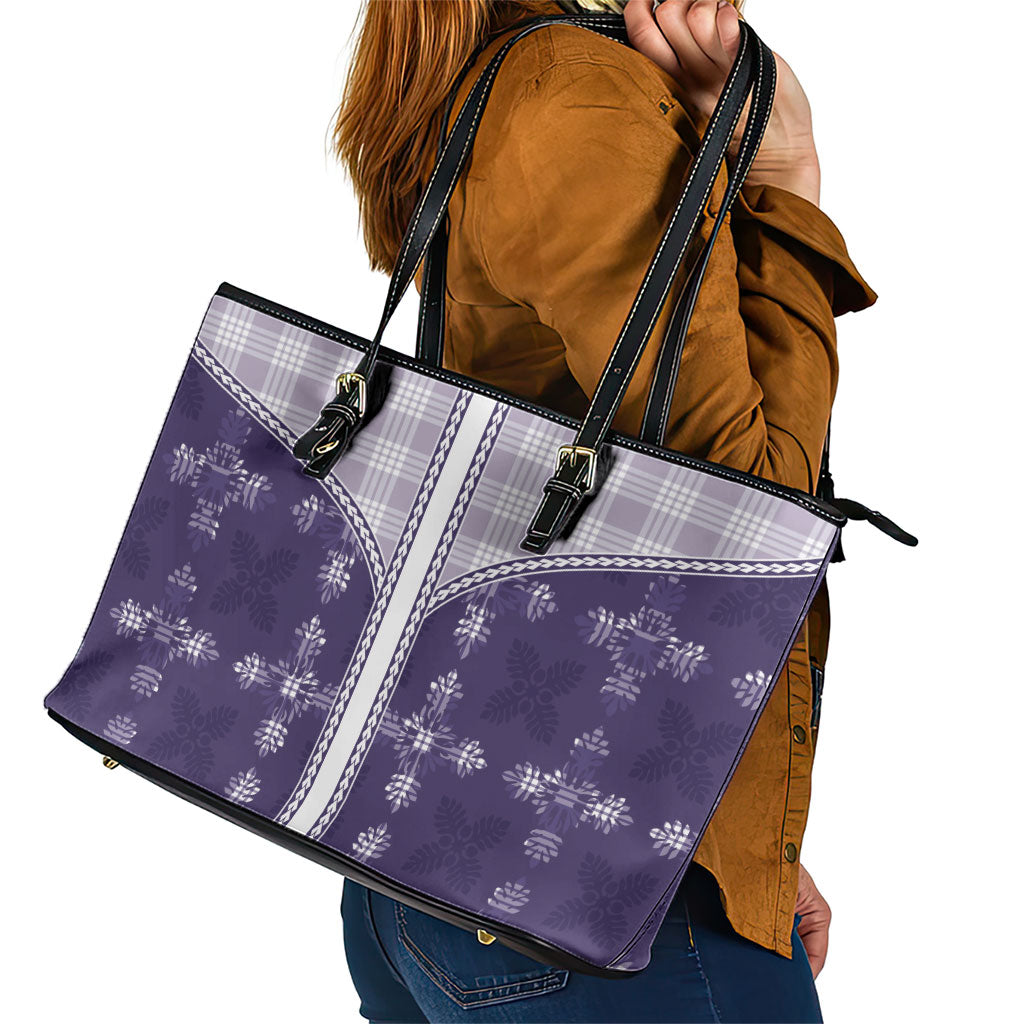 Purple Hawaii Paniolo Quilt Motif Leather Tote Bag