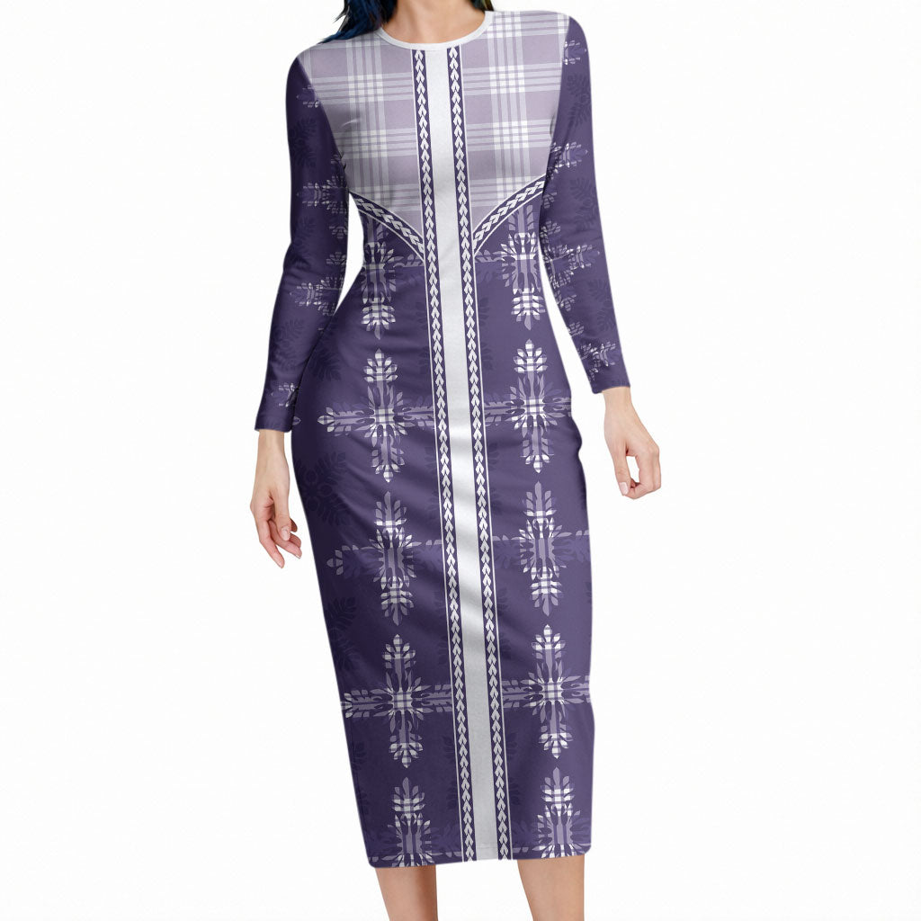 Purple Hawaii Paniolo Quilt Motif Long Sleeve Bodycon Dress