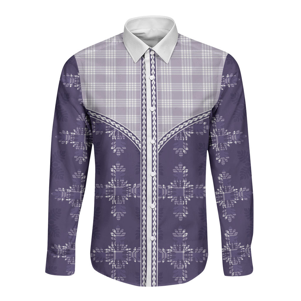 Purple Hawaii Paniolo Quilt Motif Long Sleeve Button Shirt