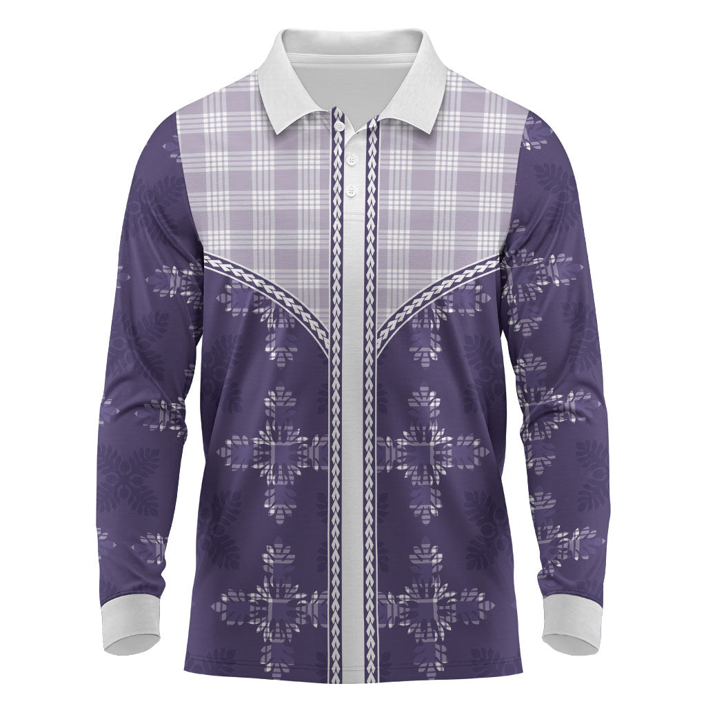 Purple Hawaii Paniolo Quilt Motif Long Sleeve Polo Shirt LT05 Purple - Polynesian Pride