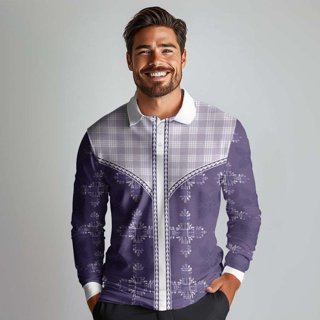 Purple Hawaii Paniolo Quilt Motif Long Sleeve Polo Shirt