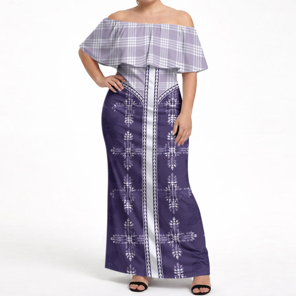 Purple Hawaii Paniolo Quilt Motif Off Shoulder Maxi Dress