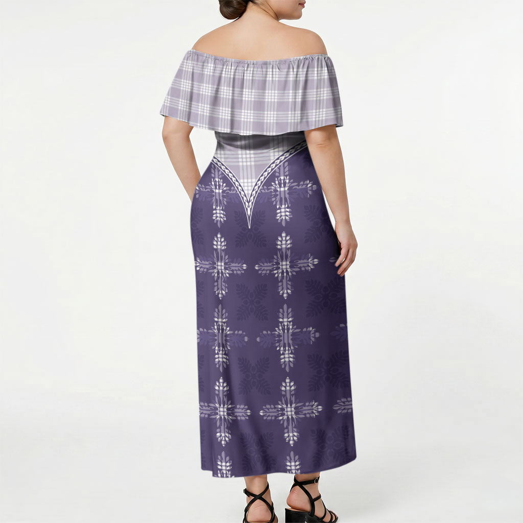 Purple Hawaii Paniolo Quilt Motif Off Shoulder Maxi Dress