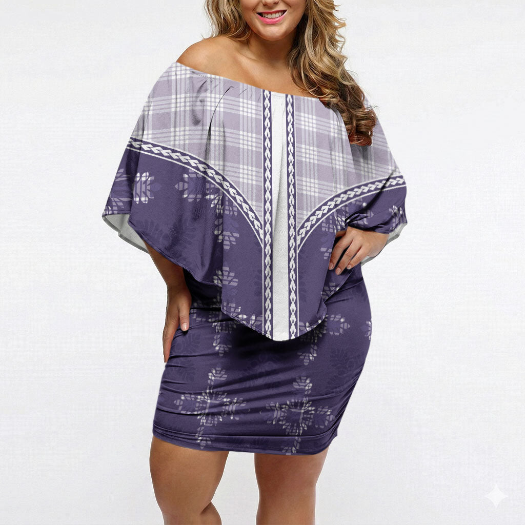 Purple Hawaii Paniolo Quilt Motif Off Shoulder Short Dress