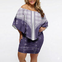Purple Hawaii Paniolo Quilt Motif Off Shoulder Short Dress