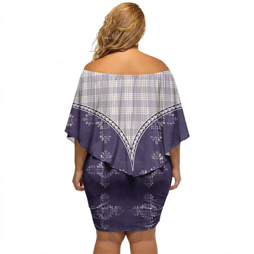 Purple Hawaii Paniolo Quilt Motif Off Shoulder Short Dress
