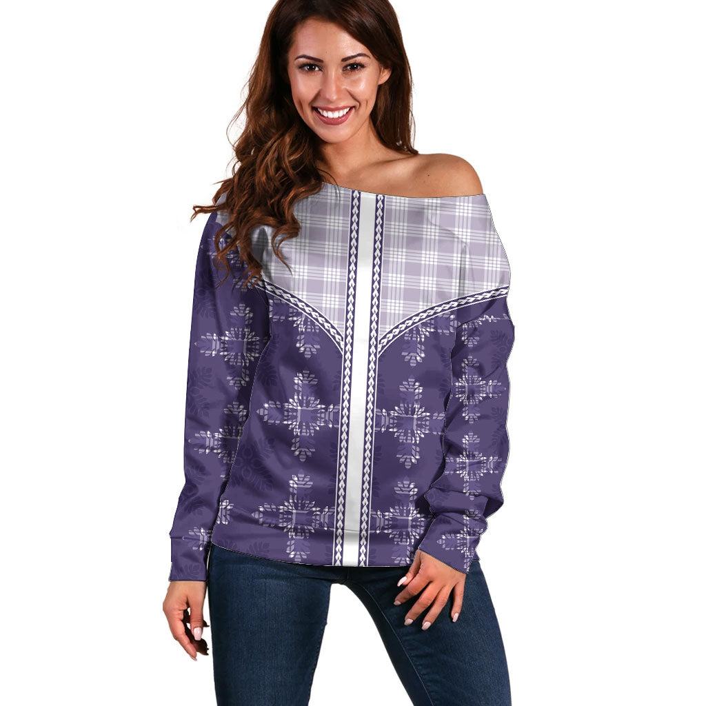 Purple Hawaii Paniolo Quilt Motif Off Shoulder Sweater LT05 Women Purple - Polynesian Pride