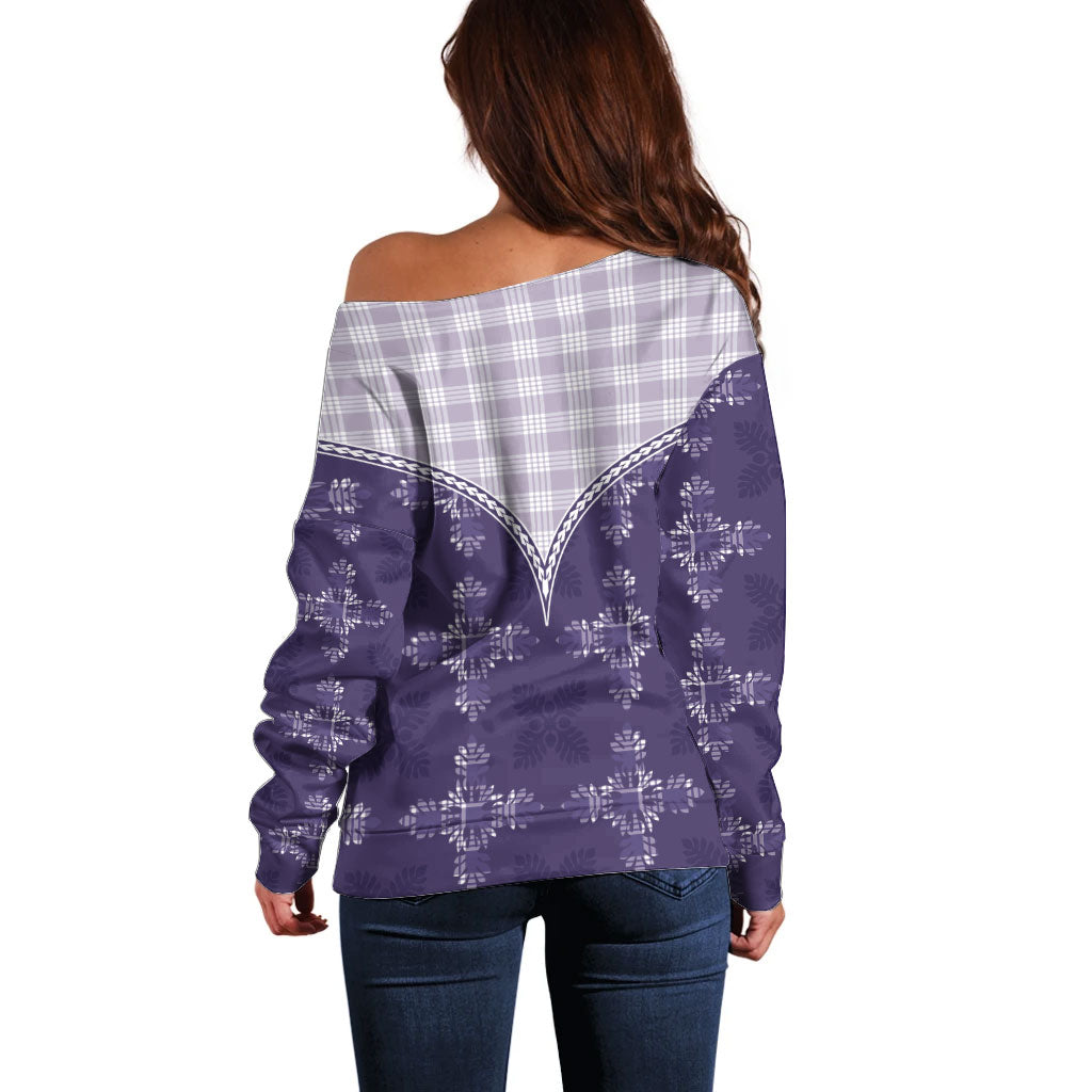 Purple Hawaii Paniolo Quilt Motif Off Shoulder Sweater
