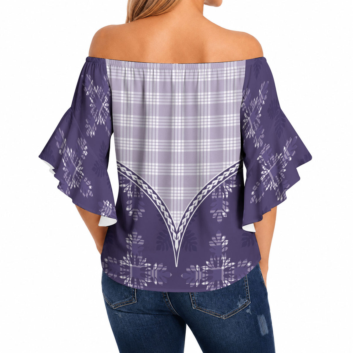 Purple Hawaii Paniolo Quilt Motif Off Shoulder Wrap Waist Top