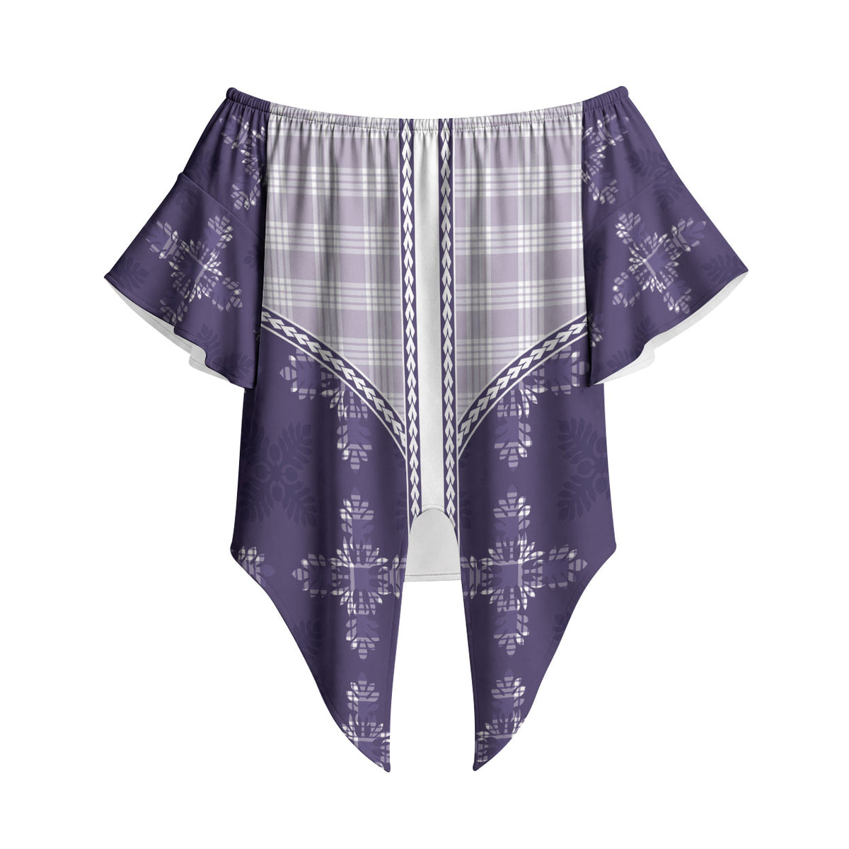 Purple Hawaii Paniolo Quilt Motif Off Shoulder Wrap Waist Top