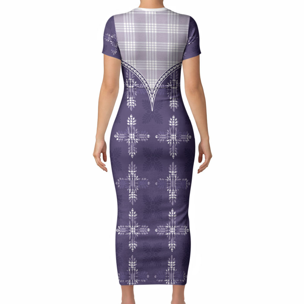 Purple Hawaii Paniolo Quilt Motif Short Sleeve Bodycon Dress
