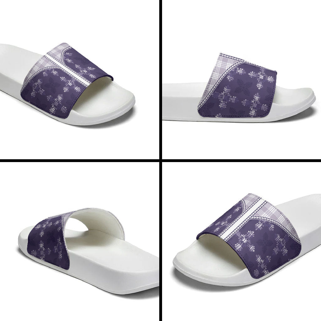 Purple Hawaii Paniolo Quilt Motif Slide Sandals