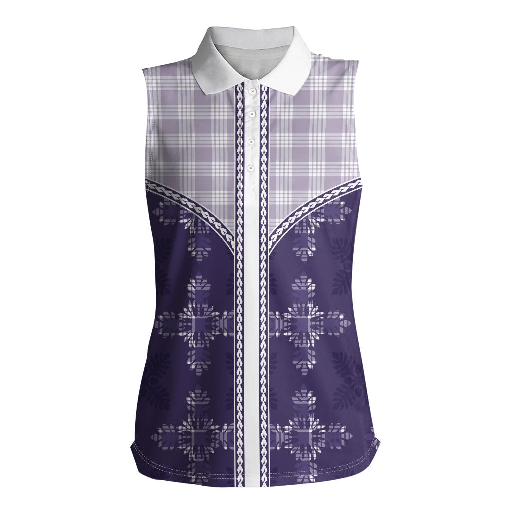 Purple Hawaii Paniolo Quilt Motif Women Sleeveless Polo Shirt LT05 Female Purple - Polynesian Pride