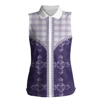 Purple Hawaii Paniolo Quilt Motif Women Sleeveless Polo Shirt