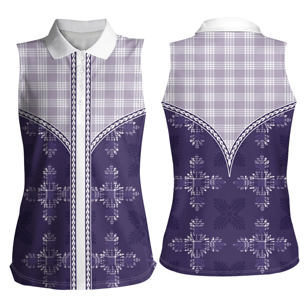 Purple Hawaii Paniolo Quilt Motif Women Sleeveless Polo Shirt
