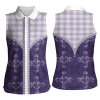 Purple Hawaii Paniolo Quilt Motif Women Sleeveless Polo Shirt