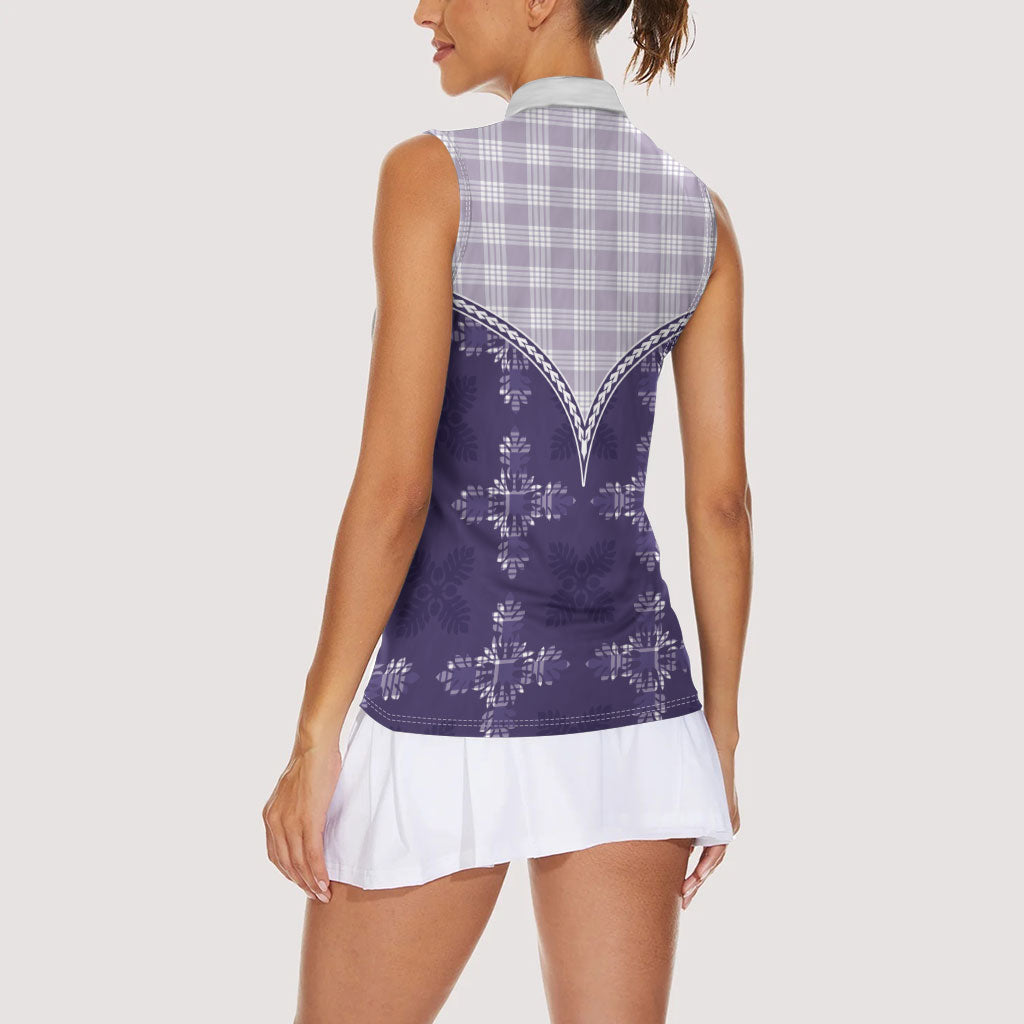 Purple Hawaii Paniolo Quilt Motif Women Sleeveless Polo Shirt