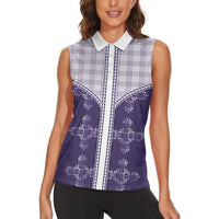Purple Hawaii Paniolo Quilt Motif Women Sleeveless Polo Shirt
