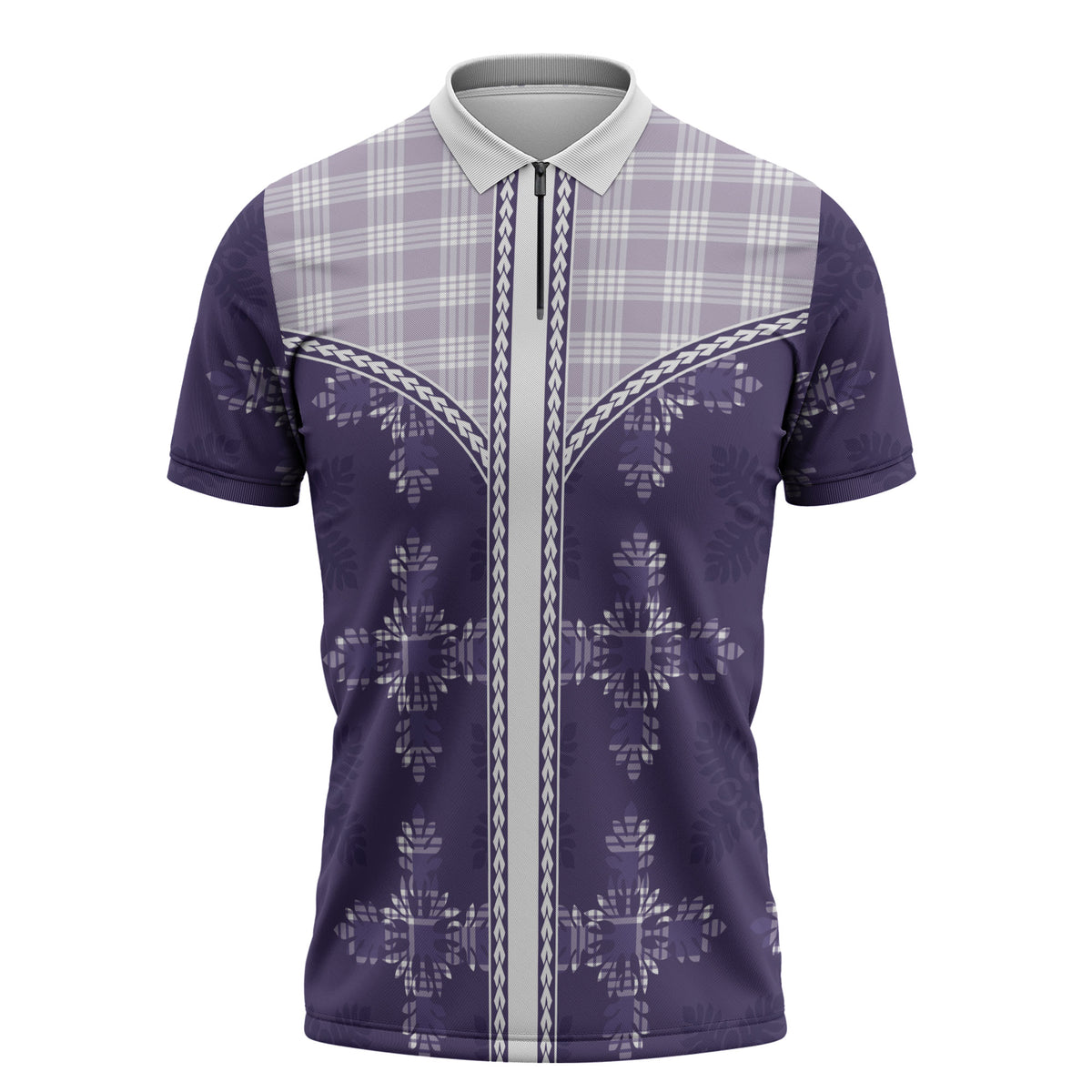 Purple Hawaii Paniolo Quilt Motif Zipper Polo Shirt