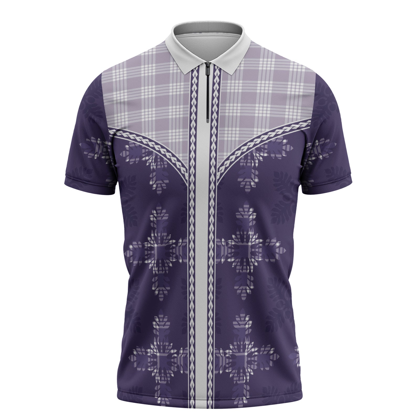 Purple Hawaii Paniolo Quilt Motif Zipper Polo Shirt LT05 Purple - Polynesian Pride
