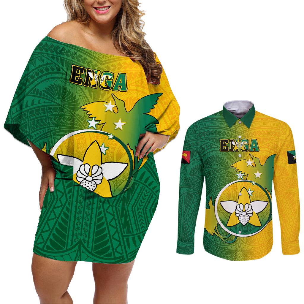 Papua New Guinea Enga Province Couples Matching Off Shoulder Short Dress and Long Sleeve Button Shirts Mix Coat Of Arms Polynesian Pattern LT05 Green - Polynesian Pride
