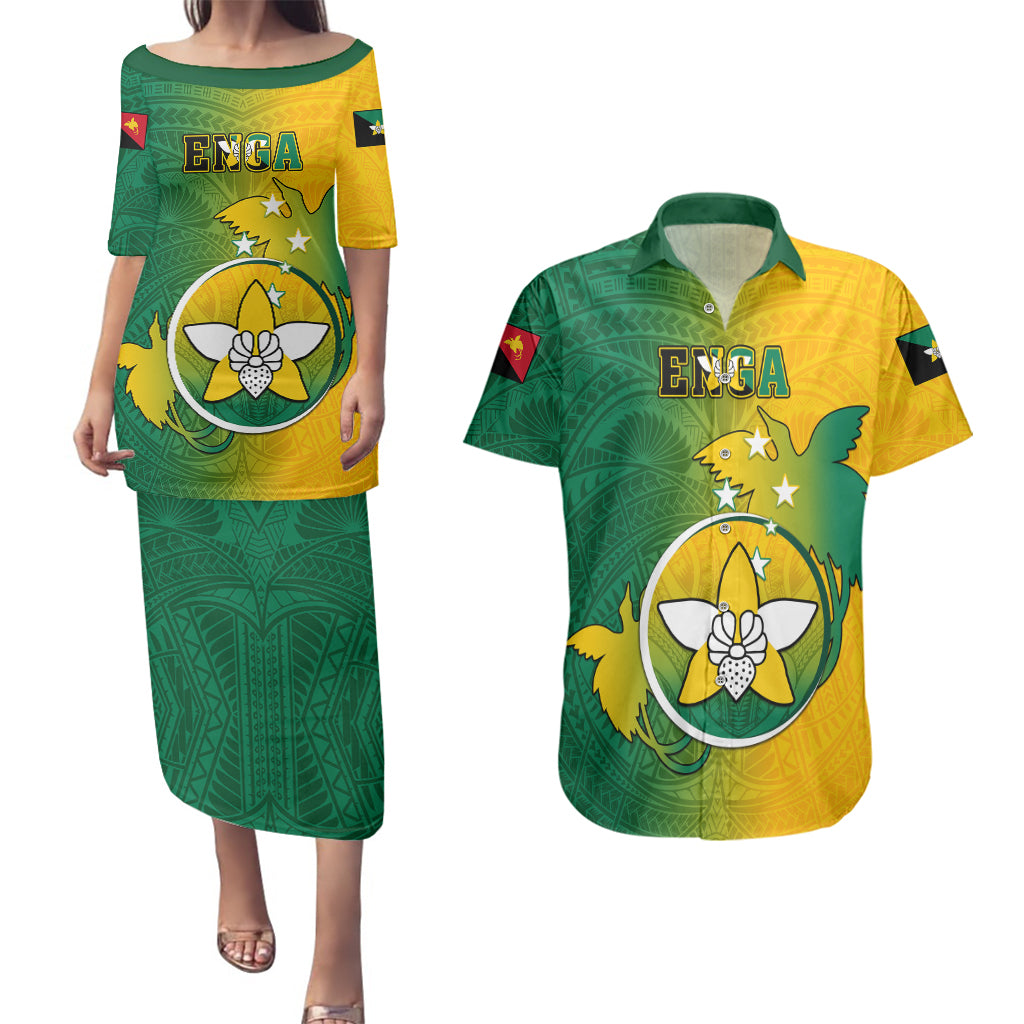 Papua New Guinea Enga Province Couples Matching Puletasi Dress and Hawaiian Shirt Mix Coat Of Arms Polynesian Pattern LT05 Green - Polynesian Pride
