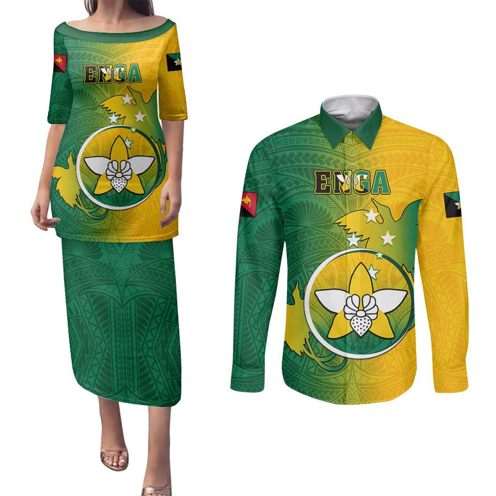 Papua New Guinea Enga Province Couples Matching Puletasi Dress and Long Sleeve Button Shirts Mix Coat Of Arms Polynesian Pattern LT05 Green - Polynesian Pride