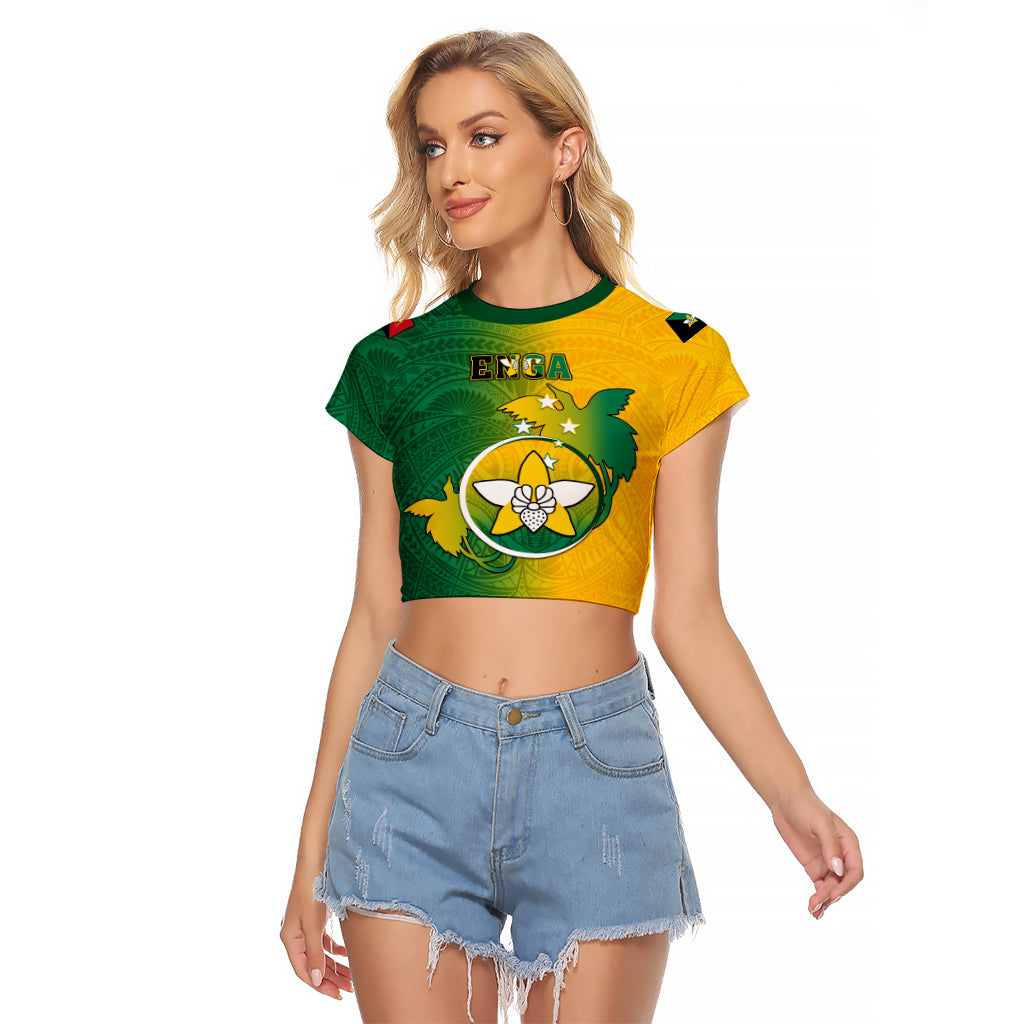 Papua New Guinea Enga Province Raglan Cropped T Shirt Mix Coat Of Arms Polynesian Pattern LT05 Female Green - Polynesian Pride