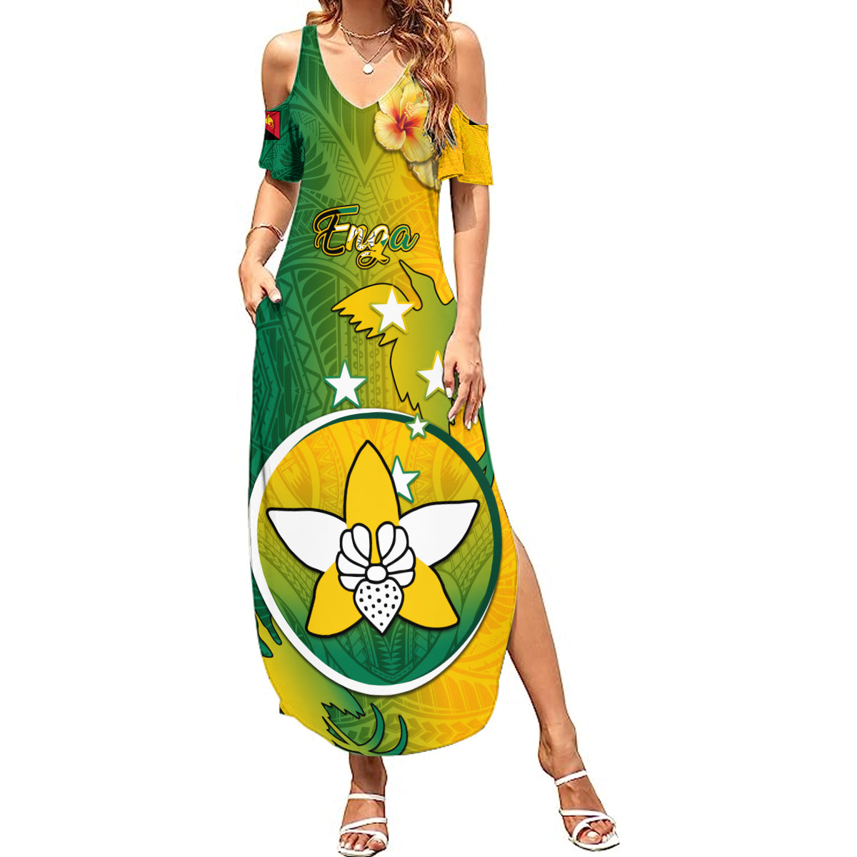 Papua New Guinea Enga Province Summer Maxi Dress Mix Coat Of Arms Polynesian Pattern LT05 Women Green - Polynesian Pride