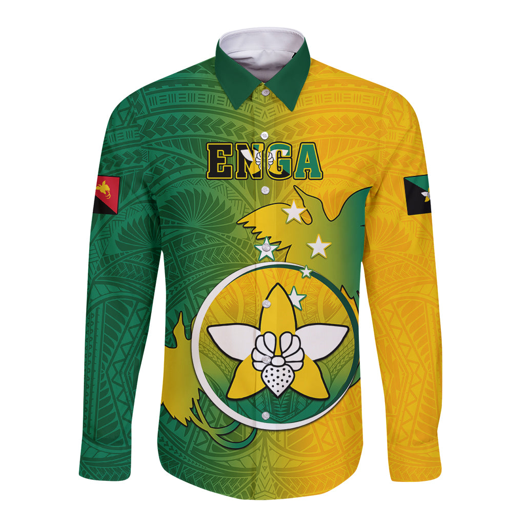 Personalized Papua New Guinea Enga Province Long Sleeve Button Shirt Mix Coat Of Arms Polynesian Pattern LT05 Unisex Green - Polynesian Pride