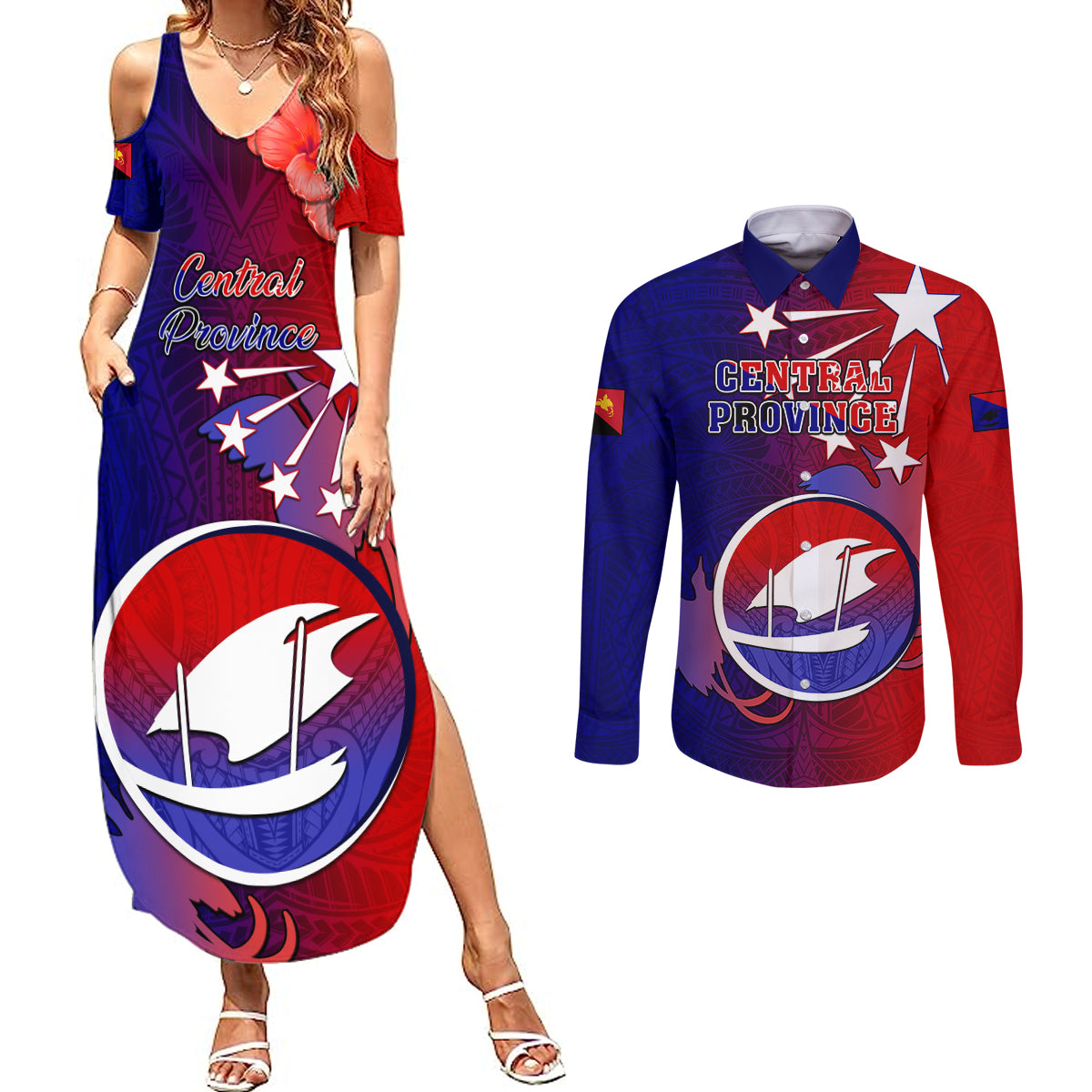 Papua New Guinea Central Province Couples Matching Summer Maxi Dress and Long Sleeve Button Shirts Mix Coat Of Arms Polynesian Pattern LT05 Blue - Polynesian Pride