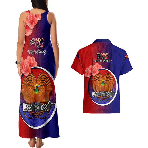 Papua New Guinea Chimbu Province Couples Matching Off Shoulder Maxi Dress and Hawaiian Shirt Mix Coat Of Arms Polynesian Pattern LT05 main image 1