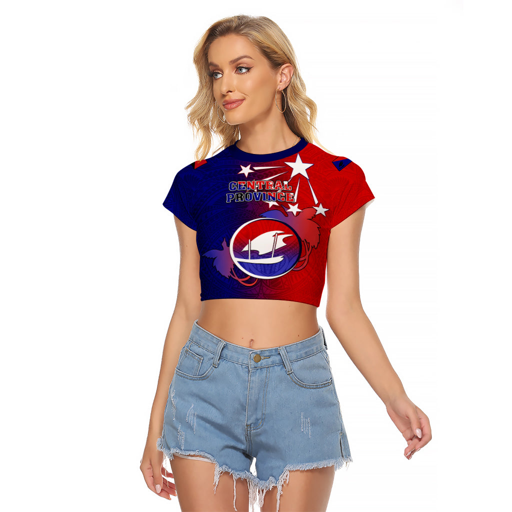 Papua New Guinea Central Province Raglan Cropped T Shirt Mix Coat Of Arms Polynesian Pattern LT05 Female Blue - Polynesian Pride