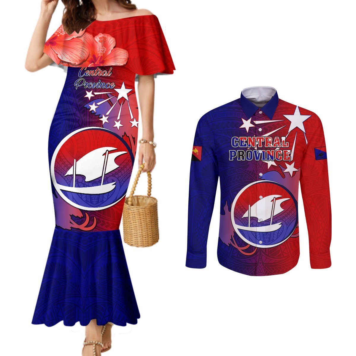 Personalized Papua New Guinea Central Province Couples Matching Mermaid Dress and Long Sleeve Button Shirts Mix Coat Of Arms Polynesian Pattern LT05 Blue - Polynesian Pride