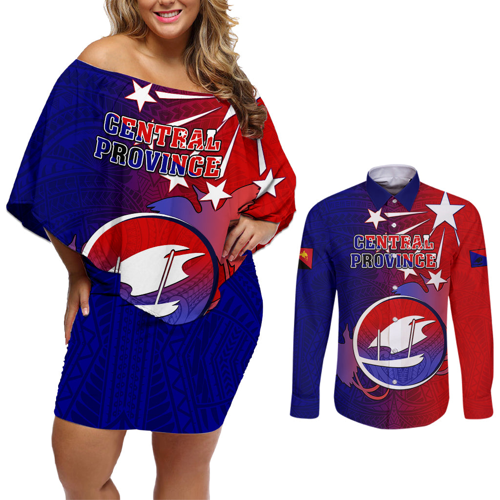 Personalized Papua New Guinea Central Province Couples Matching Off Shoulder Short Dress and Long Sleeve Button Shirts Mix Coat Of Arms Polynesian Pattern LT05 Blue - Polynesian Pride