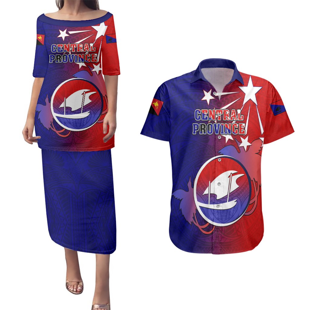 Personalized Papua New Guinea Central Province Couples Matching Puletasi Dress and Hawaiian Shirt Mix Coat Of Arms Polynesian Pattern LT05 Blue - Polynesian Pride