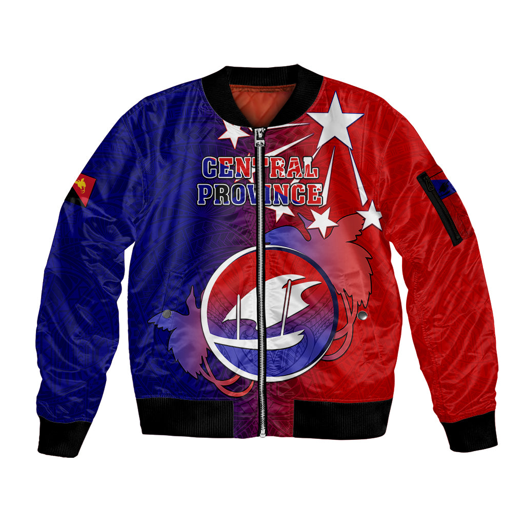 Personalized Papua New Guinea Central Province Sleeve Zip Bomber Jacket Mix Coat Of Arms Polynesian Pattern LT05 Unisex Blue - Polynesian Pride