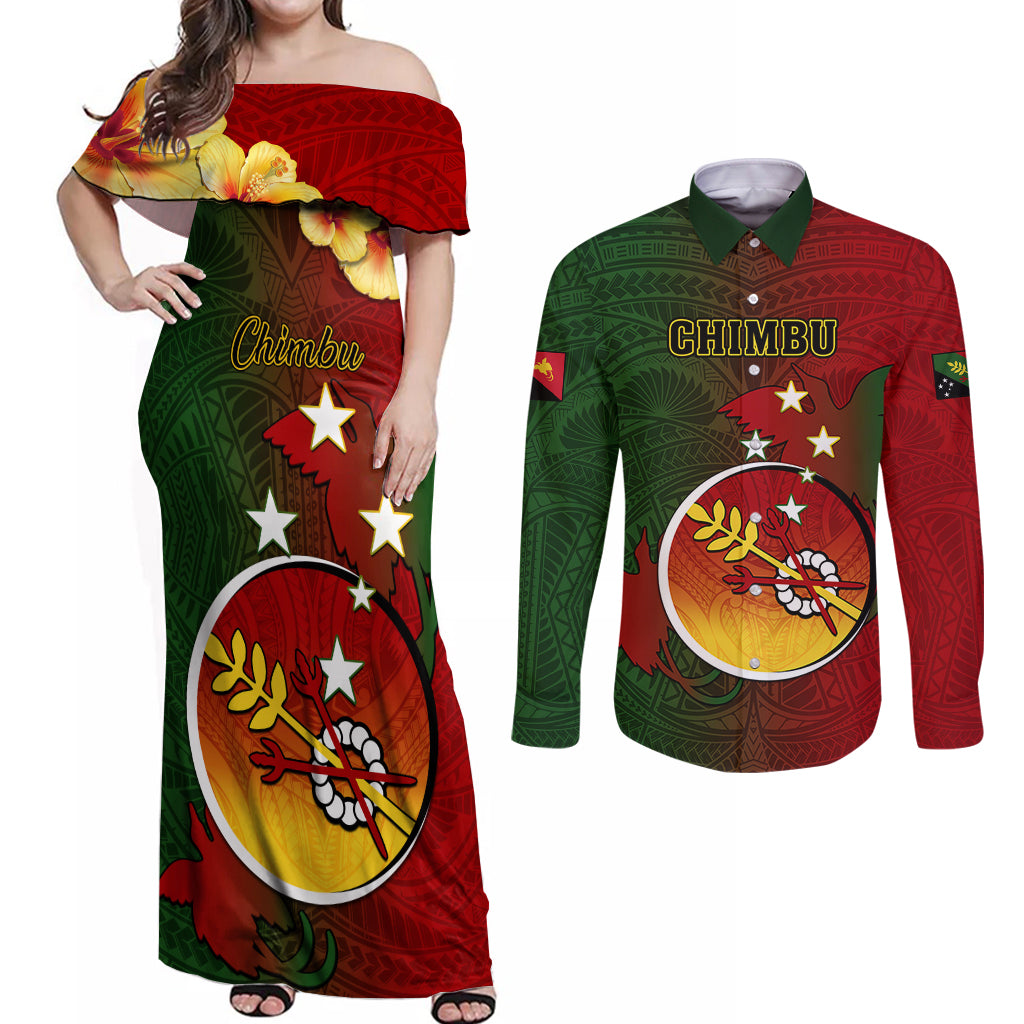 Papua New Guinea Chimbu Province Couples Matching Off Shoulder Maxi Dress and Long Sleeve Button Shirts Mix Coat Of Arms Polynesian Pattern LT05 Red - Polynesian Pride