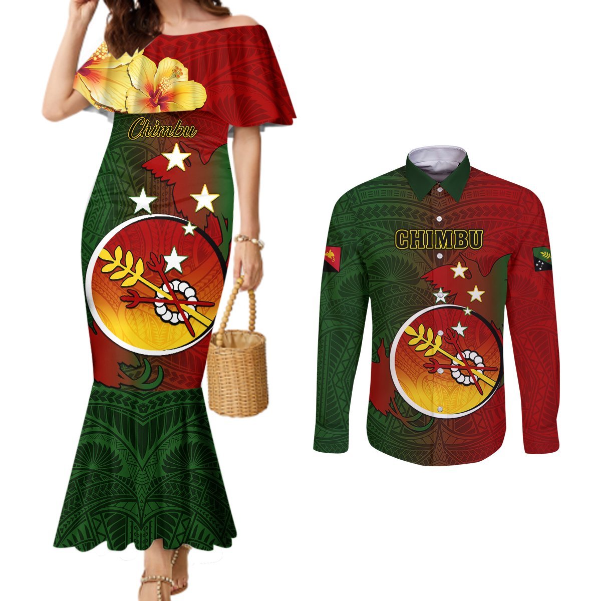 Personalized Papua New Guinea Chimbu Province Couples Matching Mermaid Dress and Long Sleeve Button Shirts Mix Coat Of Arms Polynesian Pattern LT05 Red - Polynesian Pride
