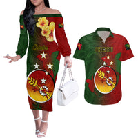 Personalized Papua New Guinea Chimbu Province Couples Matching Off The Shoulder Long Sleeve Dress and Hawaiian Shirt Mix Coat Of Arms Polynesian Pattern LT05 Red - Polynesian Pride