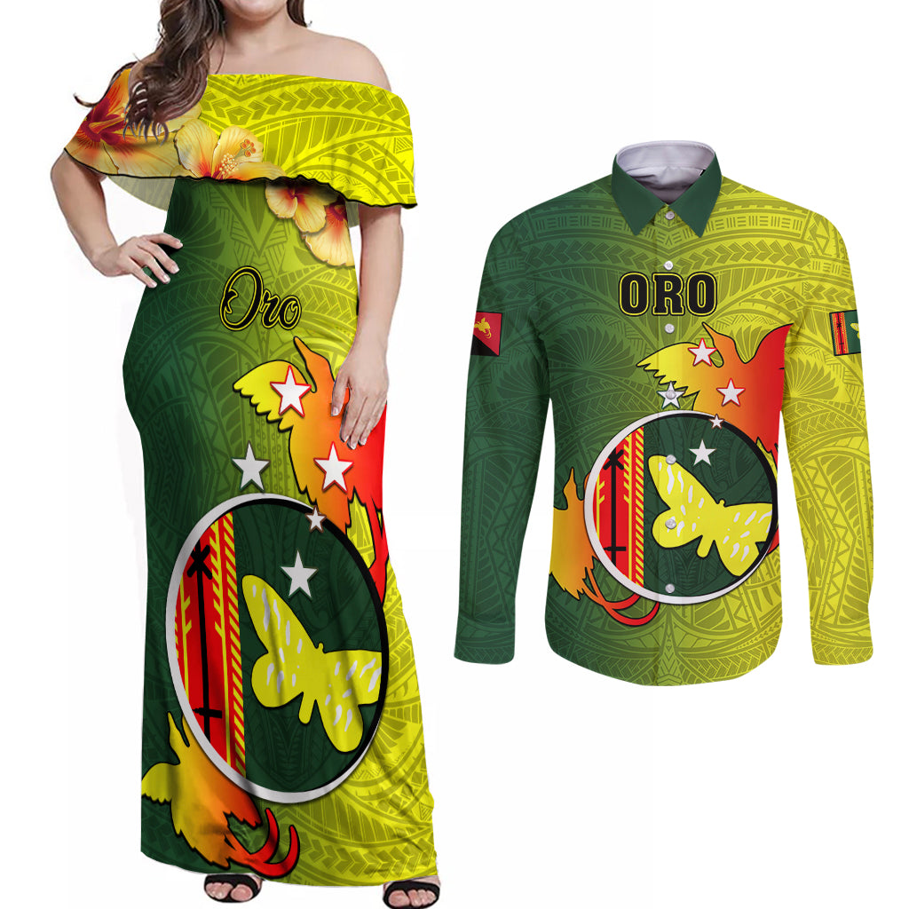 Papua New Guinea Oro Province Couples Matching Off Shoulder Maxi Dress and Long Sleeve Button Shirts Mix Coat Of Arms Polynesian Pattern LT05 Yellow - Polynesian Pride