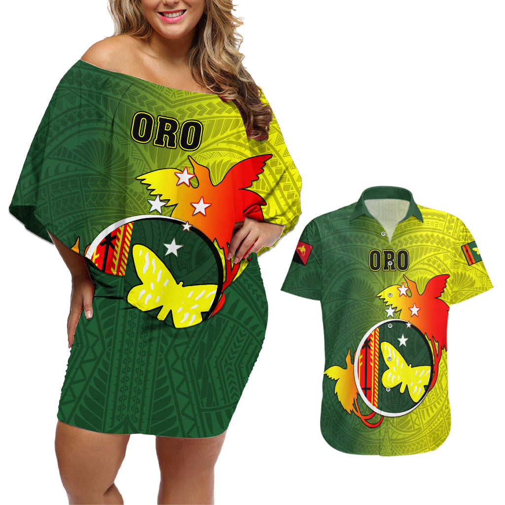 Papua New Guinea Oro Province Couples Matching Off Shoulder Short Dress and Hawaiian Shirt Mix Coat Of Arms Polynesian Pattern LT05 Yellow - Polynesian Pride